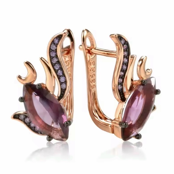 Unique Rose Gold 585RG Purple Natural Gem Zircon Fish Design Earrings - Picture 6 of 9